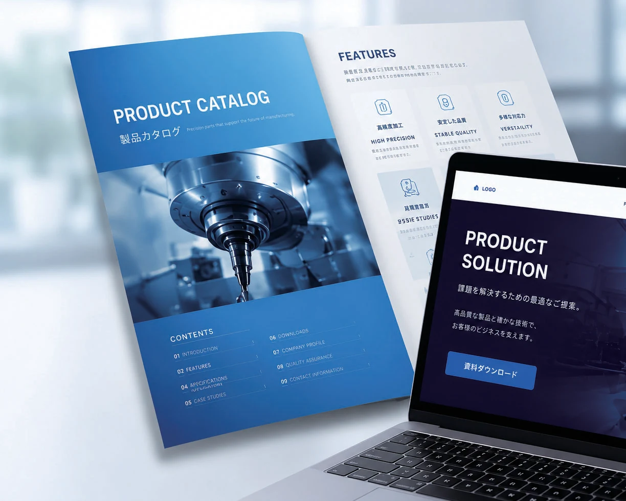 製品カタログと、その情報を紹介するランディングページのイメージ