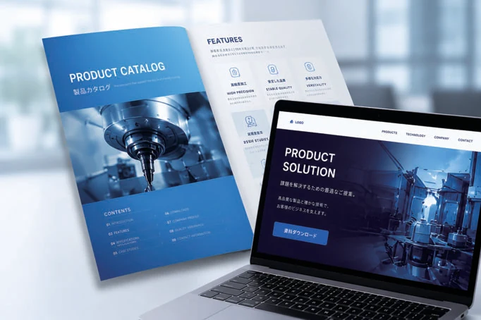 カタログとPCに表示された製品LPのイメージ